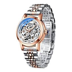 Damen-Armbanduhr, automatisch, mechanisch, Roségold, Edelstahlband, luxuriöses Skelett-Zifferblatt, Diamant, elegante Armbanduhr, 88301, Armband von FORSINING