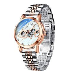 Damen-Armbanduhr, automatisch, mechanisch, Roségold, Edelstahlband, luxuriöses Skelett-Zifferblatt, Diamant, elegante Armbanduhr, 88302, Armband von FORSINING