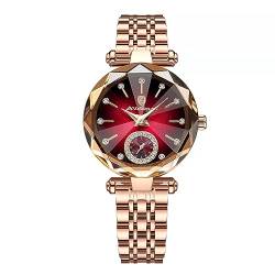 FORSINING Damen-Armbanduhr, Quarz, analog, luxuriös, Diamant-Armbanduhr, Edelstahl, wasserdicht, elegante Uhren, rot, Armband von FORSINING