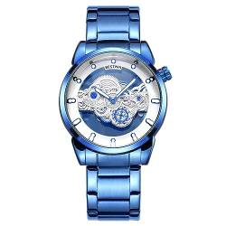 FORSINING Herren Analog Quarzuhr Edelstahl Transparent Skelett Luxus Großes Zifferblatt Männer Business Armbanduhr Wasserdicht, blau von FORSINING