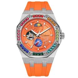 FORSINING Herren-Armbanduhr, Sternenhimmel, leuchtendes Design, mechanische Uhren, automatische Handaufziehung, Mondphase, Farbe, Diamant-Zifferblatt, wasserdicht, Orange von FORSINING