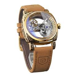 FORSINING Herren-Armbanduhr, modisch, klassisch, Skelett, quadratisch, transparentes Zifferblatt, automatische mechanische Armbanduhr, Leder, leuchtend, wasserdicht, gold, Riemen von FORSINING