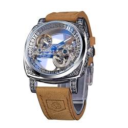 FORSINING Herren-Armbanduhr, modisch, klassisch, Skelett, quadratisch, transparentes Zifferblatt, automatische mechanische Armbanduhr, Leder, leuchtend, wasserdicht, silber, Riemen von FORSINING