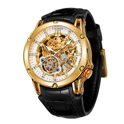 FORSINING Herren-Armbanduhr, wasserdicht, automatisch, großes Zifferblatt, leistungsstark, exotisch, Tourbillion Skelett, Gold und Weiß, Riemen von FORSINING