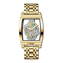 FORSINING Herren-Quarz-Armbanduhr mit Lederarmband, transparent, rechteckig, analog, wasserdicht, Luxus-Business-Herren-Armbanduhr, leuchtend, gold von FORSINING