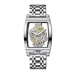 FORSINING Herren-Quarz-Armbanduhr mit Lederarmband, transparent, rechteckig, analog, wasserdicht, Luxus-Business-Herren-Armbanduhr, leuchtend, silber, Armband von FORSINING