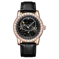 FORSINING Herren-Quarz-Armbanduhr mit Lederband, leuchtender Stern, Moonswatch, analoge Armbanduhr für Herren, modisch, wasserdicht, schwarz / goldfarben, Riemen von FORSINING