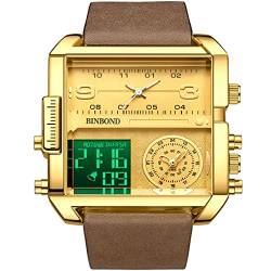 FORSINING Herren Uhren Analog Quarz Militär Uhr für Männer Multifunktions Sport Großes Zifferblatt Quadratische Armbanduhr Digital Uhr, gold, Gurt von FORSINING