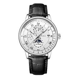 FORSINING Herrenuhr Analoge Quarz Männer Lederuhren Moon Phase Luxus Big Dial wasserdichte Business Armbanduhr Datumsanzeige, Silber von FORSINING