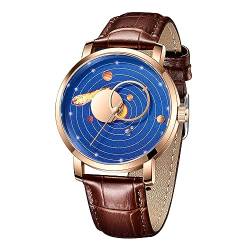 FORSINING Herrenuhr Mode Analog Quarz Leder Armbanduhr Sonnensystem Zifferblatt Design Wasserdicht Casual Business Kleid Herren Uhren, Blau Gold von FORSINING