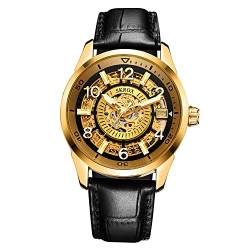 FORSINING Herrenuhren Automatische Skelett Datum Kalender Analog Wasserdicht Dreidimensionale Leuchtende Armbanduhr, schwarz / goldfarben, Riemen von FORSINING