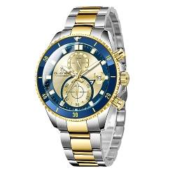 FORSINING Mode Chronograph Herren Uhren Edelstahl Band Quarz Herren Armbanduhr Casual Business Wasserdicht Big Dial Analog Display, Goldfarben/Blau, Armband von FORSINING