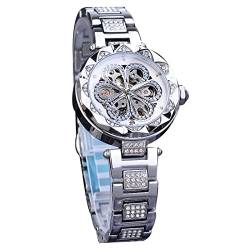 FORSINING Mode Frauen Uhr Skelett Blume Design Luxus Diamant Armbanduhr für Party Edelstahl Riemen Mechanisch Automatisch, silber, Armband von FORSINING