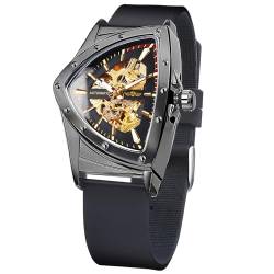 FORSINING Skelettuhr für Herren, automatische mechanische Uhr mit dreieckigem Zifferblatt, leuchtend, selbstaufziehend, Edelstahl-Armband oder weiches Silikon-Armband, Schwarz / Gelb von FORSINING