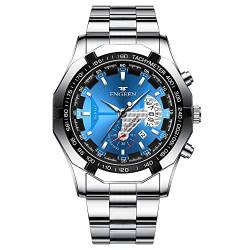 Herren Analog Quarz Armbanduhr mit Edelstahl Armband Fashion Buisness Wasserdicht Armbanduhr Leuchtend Datum Sport Chronograph, blau von FORSINING