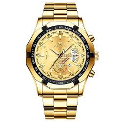 Herren Analog Quarz Armbanduhr mit Edelstahl Armband Fashion Buisness Wasserdicht Armbanduhr Leuchtend Datum Sport Chronograph, gold von FORSINING