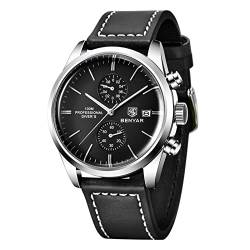 Herren Analog Quarz Armbanduhr mit echtem Lederband Sport Chronograph Herren Casual Armbanduhr Kalender Datum Wasserdicht, Schwarz , Riemen von FORSINING