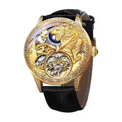 Herren-Armbanduhr, Automatisch, selbstaufziehend, Skelett-Armbanduhr mit echtem Lederband, luxuriöses Diamant-Zifferblatt, mechanische Business-Armbanduhr, gold, Riemen von FORSINING