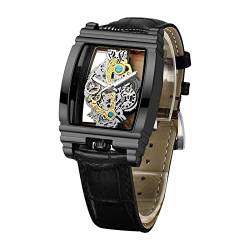 Herren-Quarz-Armbanduhr mit Lederarmband, transparent, rechteckig, analog, wasserdicht, Luxus-Business-Herren-Armbanduhr, leuchtend, Black von FORSINING