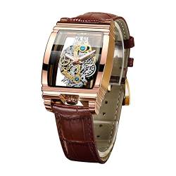 Herren-Quarz-Armbanduhr mit Lederarmband, transparent, rechteckig, analog, wasserdicht, Luxus-Business-Herren-Armbanduhr, leuchtend, braun, Riemen von FORSINING