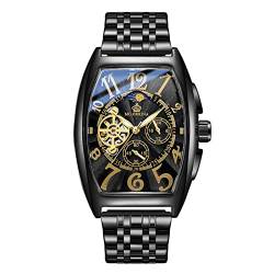 Modische Herren-Armbanduhr, rechteckig, Tourbillon, automatische Edelstahl-Armbanduhr, wasserdicht, lässig, Business, mechanische Armbanduhr, Schwarz , Armband von FORSINING