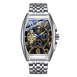 Modische Herren-Armbanduhr, rechteckig, Tourbillon, automatische Edelstahl-Armbanduhr, wasserdicht, lässig, Business, mechanische Armbanduhr, silber, schwarz, Armband von FORSINING