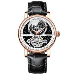 Tourbillon Herren-Armbanduhr, selbstaufziehend, leuchtende Automatik-Armbanduhr für Herren, wasserdicht, Leder, Dual-Zeit-Schreibuhr, Mode, Business, gold, Riemen von FORSINING