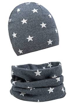 FORUHOO Baby Mädchen Beanie Mütze + Schlauchschal 2er Set, Wintermütze für Jungen Mädchen Baumwolle(Stern Grau,49-53) von FORUHOO