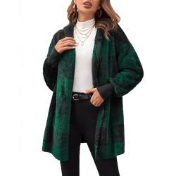 FOTEMIX Winterjacke Damen mit Kapuze Buffalo-Karo-Print Fleecejacke Damen Basic Lässige Teddyjacke Damen, S, Grün von FOTEMIX