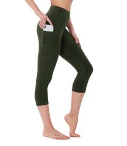 FOTOCITI 3/4 Leggings Damen mit Tasche Capri Leggins High Waist Caprihose Sommer Blickdicht Sportleggins Sporthose Hose Gym Outdoor Yoga(07#Armeegrün-Capri, S-M) von FOTOCITI