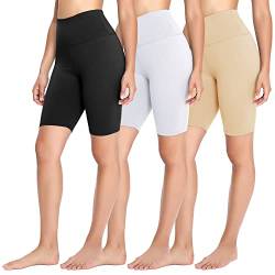 FOTOCITI 3er Pack Radlerhose Damen High Waist Kurze Sporthose Elastisch Shorts Sommer Leggings Hosen für Sport Yoga Gym(02#Schwarz+Weiss+Hautfarbe, L-XL) von FOTOCITI