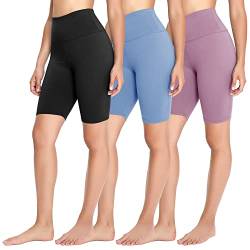 FOTOCITI 3er Pack Radlerhose Damen High Waist Kurze Sporthose Elastisch Shorts Sommer Leggings Hosen für Sport Yoga Gym(04#Schwarz+Hellblau+Helllila, L-XL) von FOTOCITI