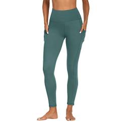 FOTOCITI Sport Leggings Damen mit Tasche High Waist Sportleggins Lang Blickdicht Sporthose Push Up Yogahose Bauchweg Laufhose Fitnesshose Hose(Dunkelgrün, L-XL) von FOTOCITI