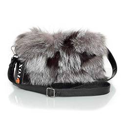 FOX FASHION Damen Umhängetasche mit Reißverschluss aus Silberfuchs Fell Pelztasche Handtasche Fuchs Fell Pelz Grau Fuchspelz Tasche Echtfell Silber Felltasche Echt von FOX FASHION