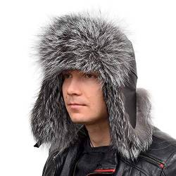 FOX FASHION Herren Uschanka Fliegermütze aus echtem Silberfuchsfell mit Leder Winter Mütze Pelz Fell Pelzmütze Fellmütze Fuchsfell Echt Ski Tschapka Schapka Echtfell Echtpelz Silber Fuchs (L) von FOX FASHION