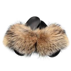 Fell Latschen Pelz Pantoffeln mit Fuchs Echtfell Echtpelz Schlappen Sandalen Finnraccoon Raccoon Fuchsfell Slipper Slides Schuhe Pantoletten von FOX FASHION