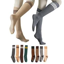 FOX-TECH 2 Paar Anti-Rutsch-Socken Yoga Socken, Rutschfeste Socken für Damen, Pilates Socken, Antirutsch Socken für Sport Yoga Pilates Gymnastik Trampolin(Streifen (Beige/Grau)) von FOX-TECH