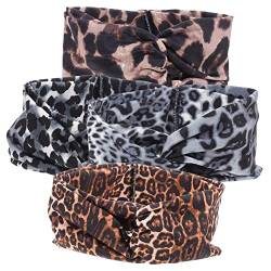 FOYTOKI 4 Stück Leopardenmuster Kreuz Haarband Elastisch Turban Haarband Make-up Haarbänder Yoga Outdoor Kopfbedeckung Leopard Cross Head Wraps Leopard Haarband Stirnband Stoff Make-up Fitness von FOYTOKI