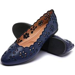 Damen Ballerinas Schwarz PU Leder Kleid Schuhe Bequem Runde Zehen Slip on Flats mit Blumen Ösen, navy, 39 EU von FRACORA