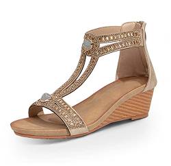 FRALOSHA Keilsandalen für Damen offener Zehenbereich lässig Sommer römisch hoher Absatz atmungsaktiv Strandsandalen Gold 41 EU von FRALOSHA