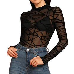 FRAUIT Damen Transparent Langarmshirt Spitze Mesh Bluse Reizvolle Oansatz Lange Hülsen Gitter Ineinander Greifen Druck Perspektive beiläufige Oberseite Body T-Shirt Tunika Tops von FRAUIT-Frauen Top