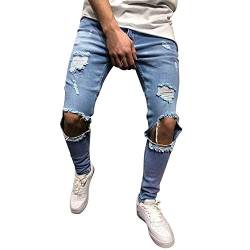 FRAUIT Männer Herren Distressed Jeanshose Ripped Ausgefranste Slim Fit Jeans Skinny Stretch Hose Slim Männer Jeanshosen Denim Pants Super Qualität Verschleißfest Keine Verformung Blau XL von FRAUIT-Herren Hosen