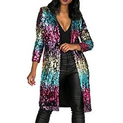 FRAUIT Damen Langarm Pailletten Cardigan Mantel Metallic Open Lange Strickjacke Frühling Herbst Freizeit Reisen Masquerade Festival Party Tanzparty Lose Weich Bequem Cardigan Coat von FRAUIT