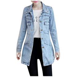 FRAUIT Damen Lange Jeansmantel Tasche Elegant Jeans Jacke Vintage Denim Trenchcoat Strickjacke Mode Streetwear Slim Fit Schön Kleidung Bluse Top Outwear Coat S-5XL von FRAUIT