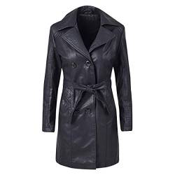 FRAUIT Damen Lange Leder Jacke Mantel Zweireiher Revers Ledermantel Trenchcoat Windjacke Parka Herbst Winter Frauen Outwear Mit Gürtel von FRAUIT