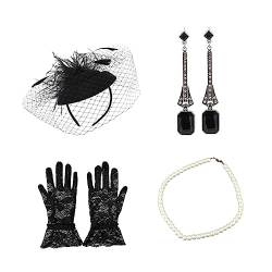 FRCOLOR 1 Satz Hut-set Flapper-accessoires Für Frauen 1920er Stirnband Fascinator-kappe Tea-party-stirnband Tee-party-hut 20er Flapper Ohrringe Derby Handschuhe Gittergewebe Braut von FRCOLOR