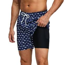 FREDRM Herren-Badehose mit Kompressionsfutter, schnell trocknend, Stretch, Strand-Shorts mit Reißverschlusstaschen, A-little Fish-n, Large von FREDRM