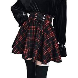 Damen Gothic Punk hoch taillierter A-Linie Flare Rot Schwarz Plaid Falten Minirock von FREEPPCC