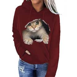 FREEPPCC Damen Cat In The Hole 3D Druck Rundhals Langarm Kapuzenpullover Sweatshirt von FREEPPCC