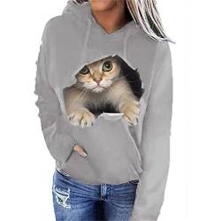FREEPPCC Damen Cat In The Hole 3D Druck Rundhals Langarm Kapuzenpullover Sweatshirt von FREEPPCC